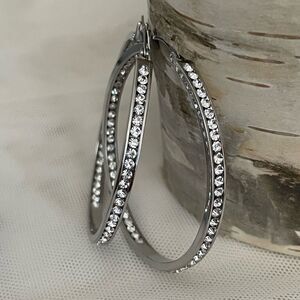 NEW Extra Large Silver Crystal Hoops Earrings